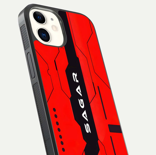 Voltage Rise CYBERPUNK Custom Name Glass Case for iPhone 12 Mini close-up angled shot highlighting neon glow and reflection