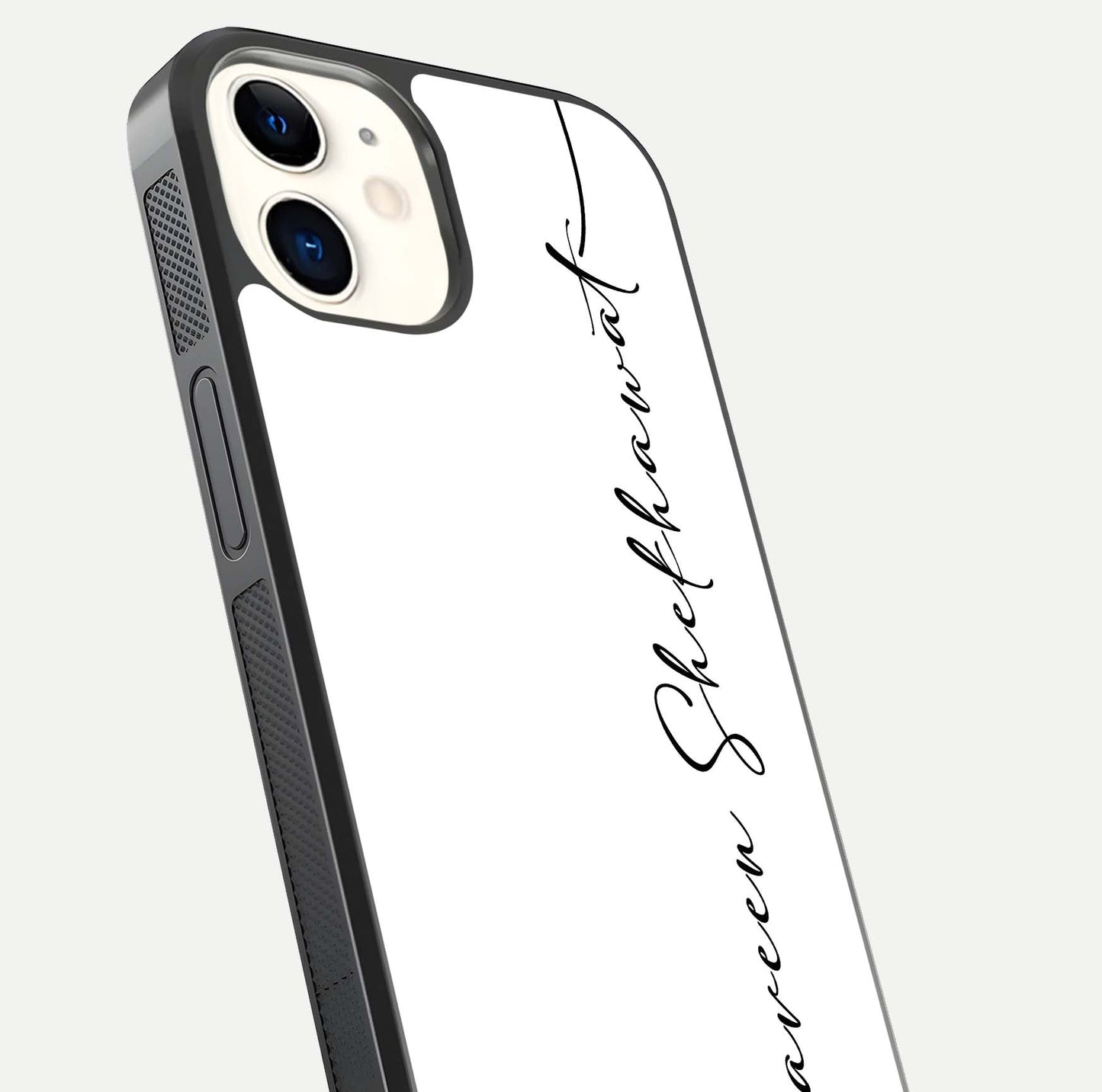 White Tune Custom Name Glass Case for iPhone 12 Mini close-up angled shot highlighting gloss reflection and texture