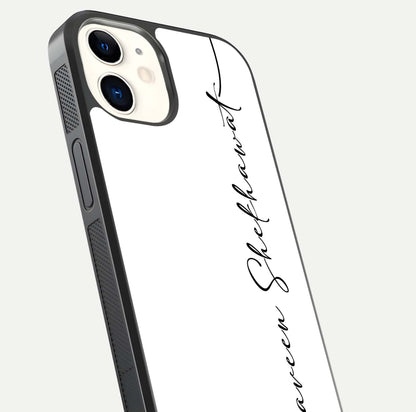 White Tune Custom Name Glass Case for iPhone 12 Mini close-up angled shot highlighting gloss reflection and texture
