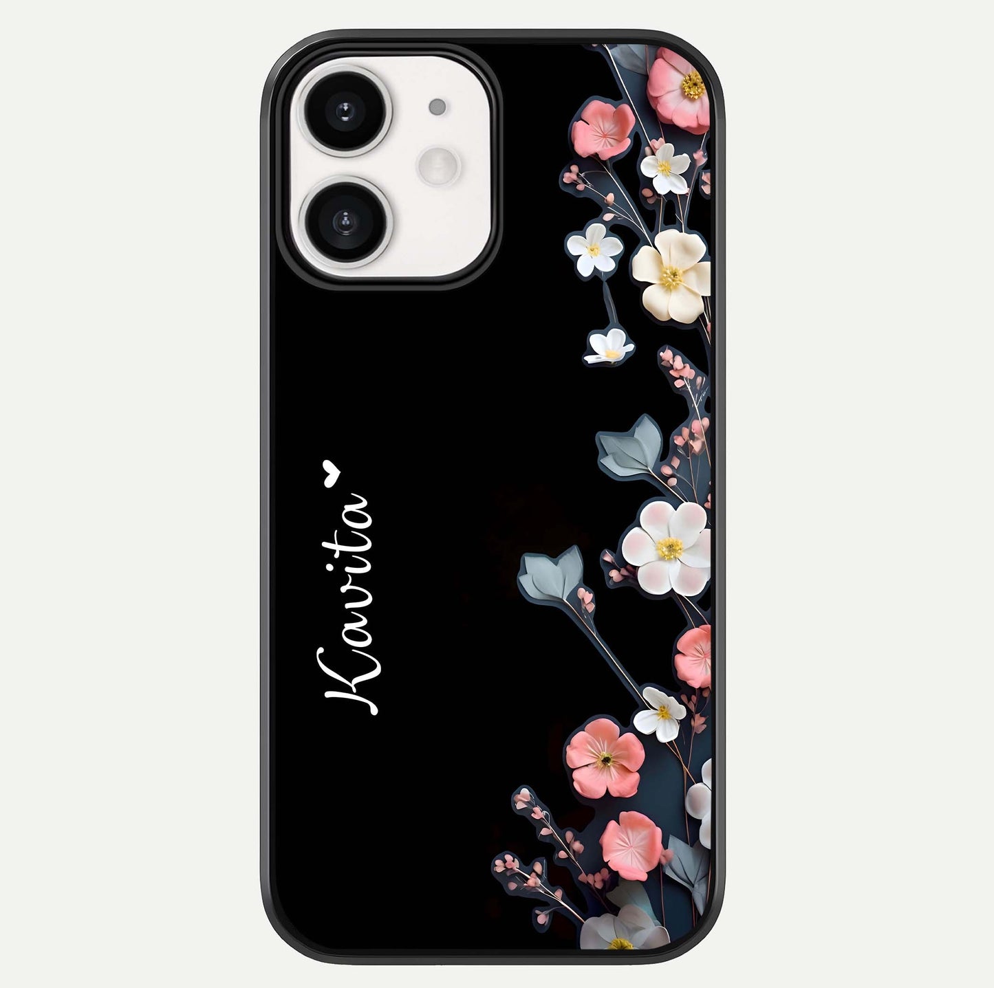Black Elegance Floral Custom Name Glass Case For iPhone 12 Mini by Custom World