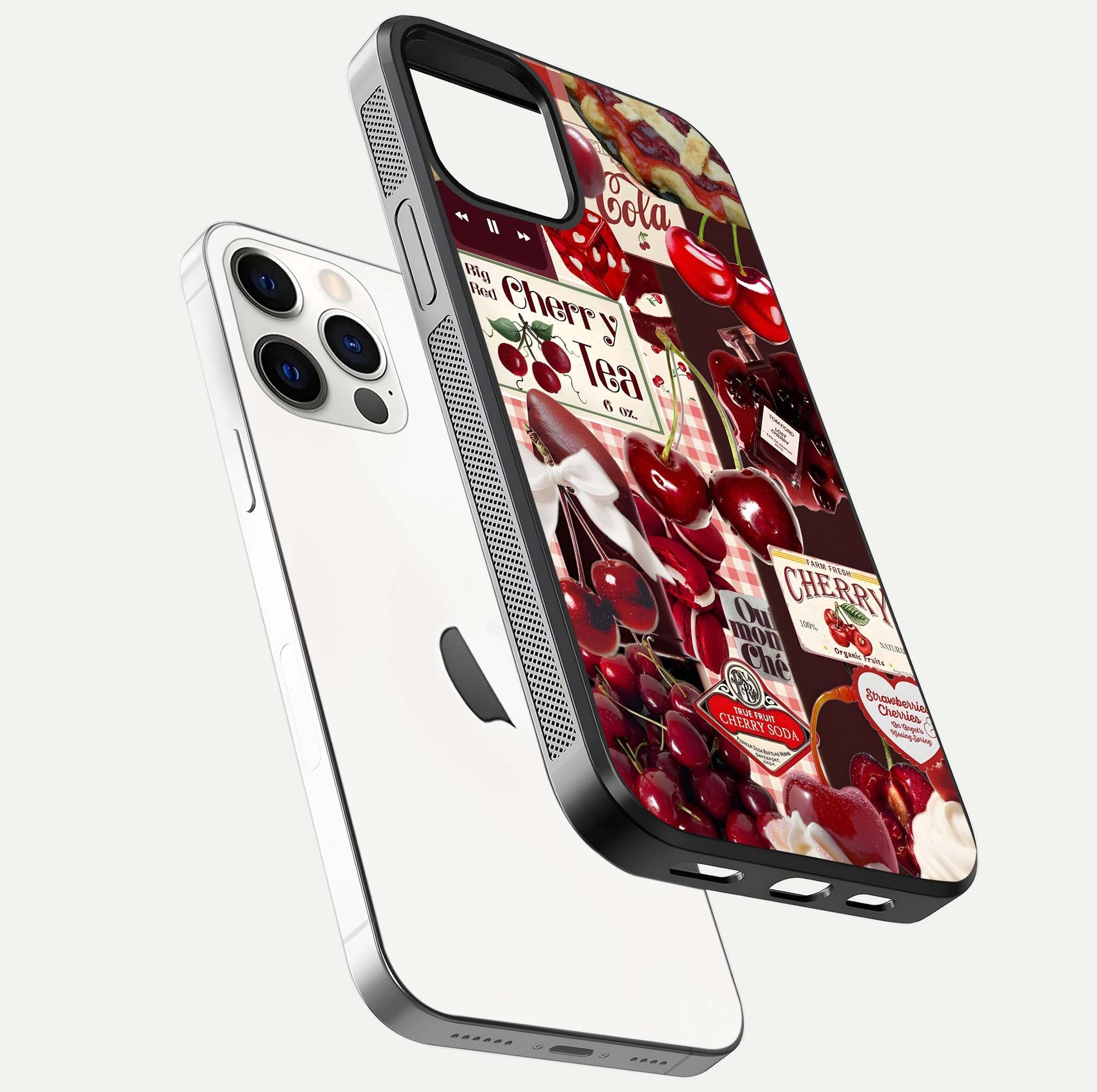 Aesthetic Cherry Tea Glass Case for iPhone 16 Pro floating dual-view mockup showing edge design and detailed cherry pattern gloss texture