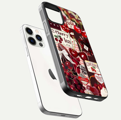 Aesthetic Cherry Tea Glass Case for iPhone 16 Pro floating dual-view mockup showing edge design and detailed cherry pattern gloss texture