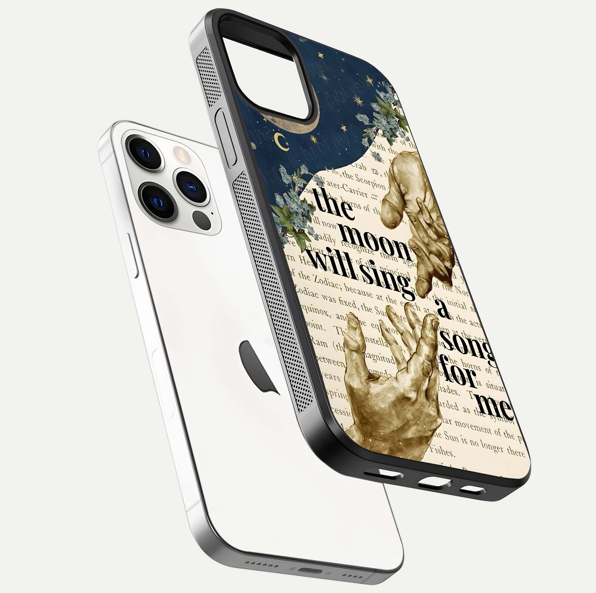 Aesthetic Divine Glass Case for iPhone 16 Pro floating dual-view mockup showing edge design and divine art gloss texture