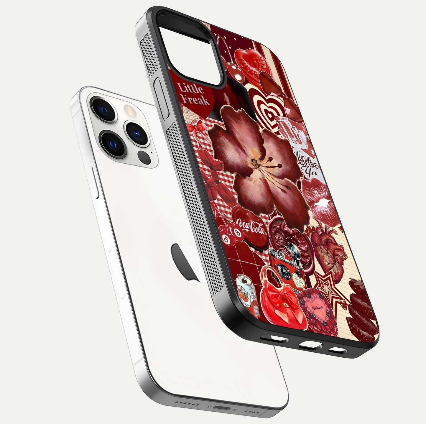 Aesthetic Little Freak Glass Case for iPhone 16 Pro floating dual-view mockup showing edge design and detailed collage gloss texture
