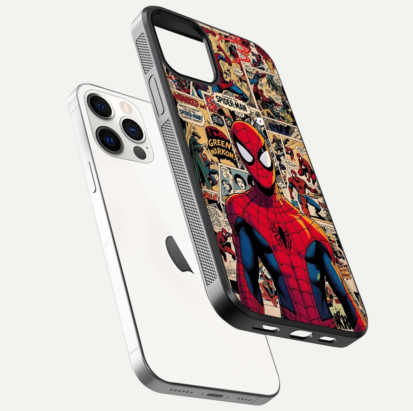Aesthetic Spider Man Glass Case for iPhone 16 Pro floating dual-view mockup showing edge design and detailed Spider-Man gloss texture