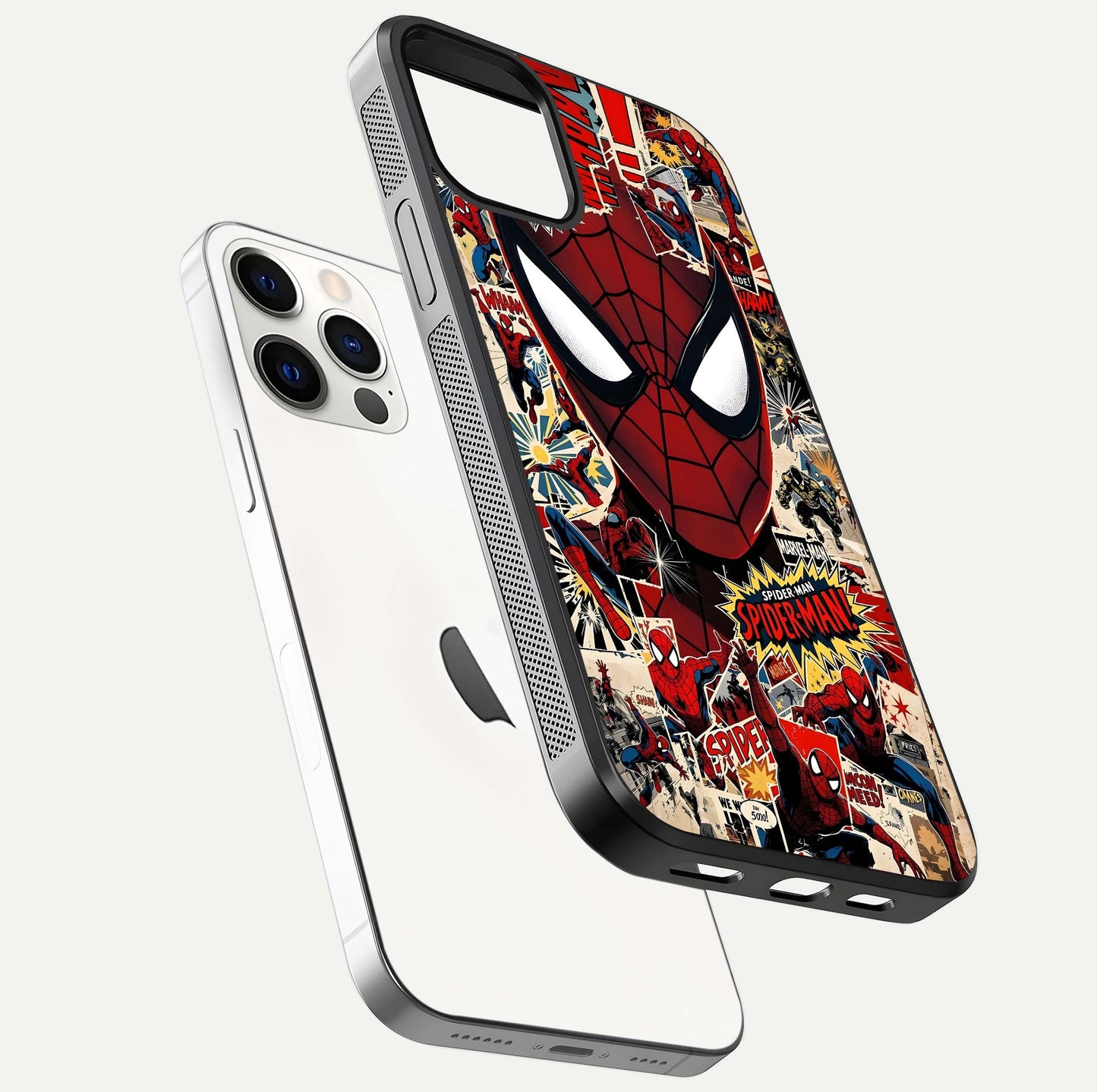 Aesthetic Wonder Spider Glass Case for iPhone 16 Pro floating mockup emphasizing superhero art and glossy reflection