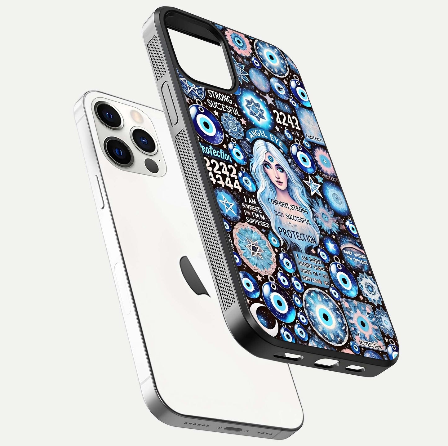 Angel Aura Shield Glass Case for iPhone 16 Pro floating angle showing light reflection and protective edge structure