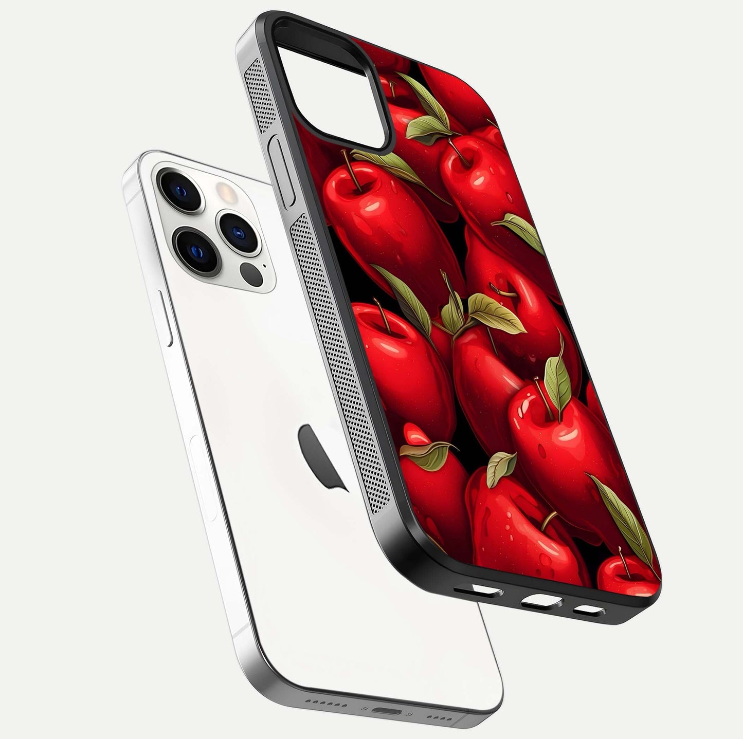 Apple Pattern Glass Case for iPhone 12 Mini floating mockup with smooth edge detailing and pattern clarity