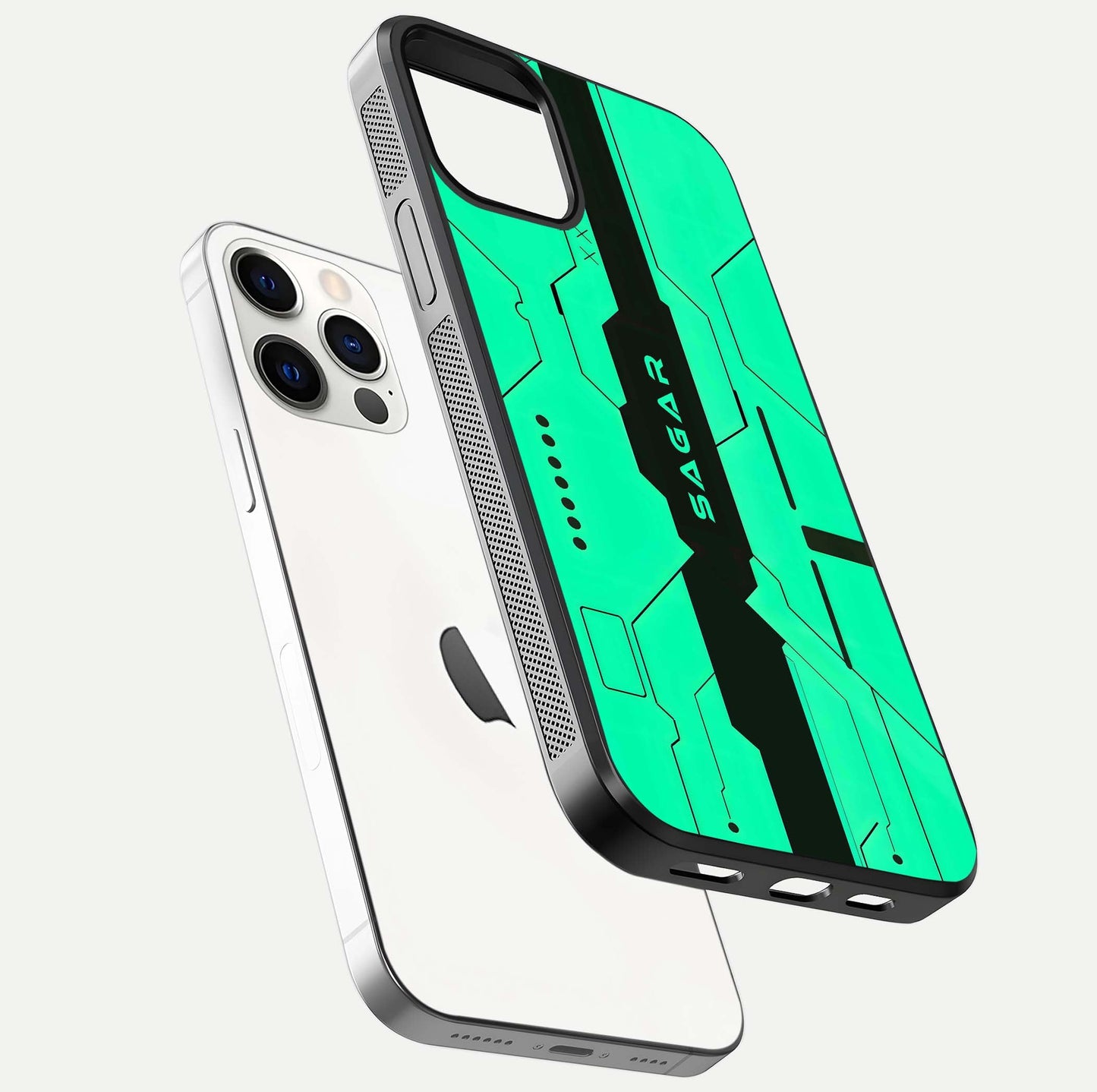 Aqua Tech CYBERPUNK Custom Name Glass Case for iPhone 16 Pro floating mockup highlighting name customization area