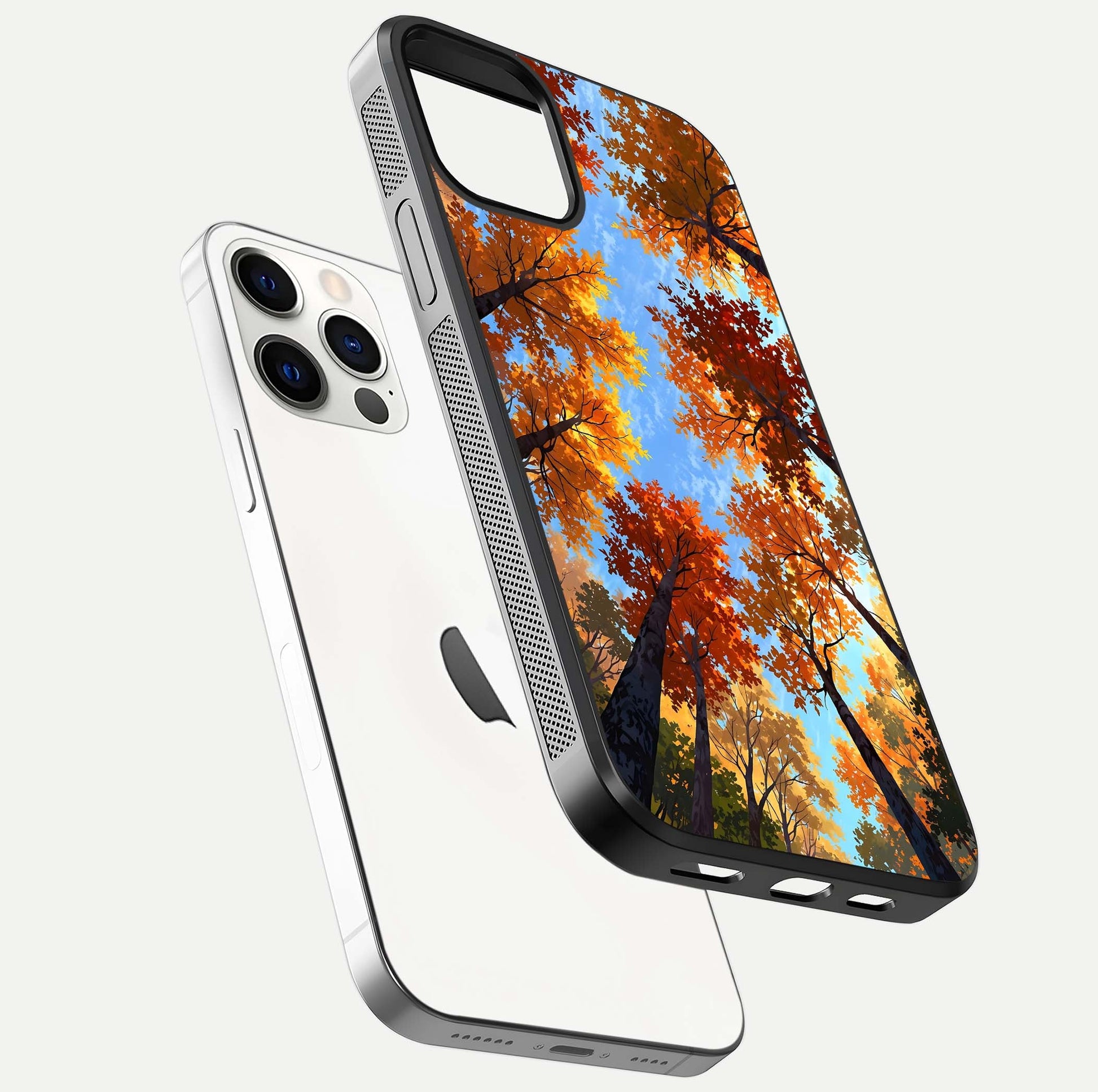Autumn Sky Rise Glass Case for iPhone 16 Pro floating dual-view mockup with sky horizon and glossy highlights