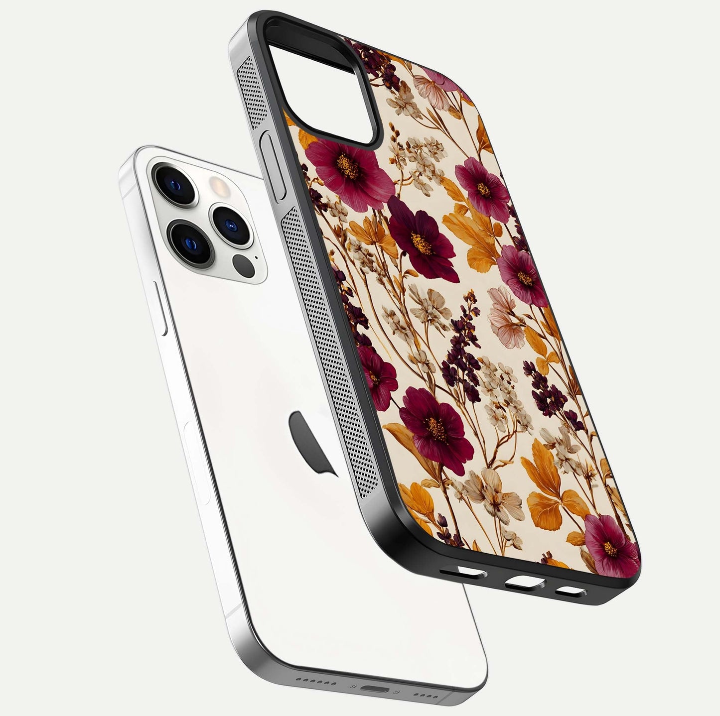Autumn Wine Bloom Glass Case for iPhone 12 Pro floating mockup with premium floral gradient and protection edge