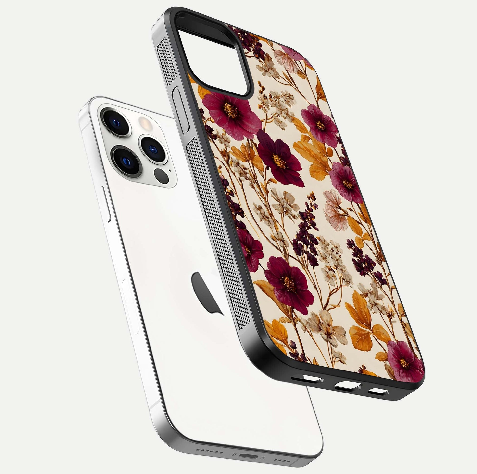 Autumn Wine Bloom Glass Case for iPhone 12 Pro floating mockup with premium floral gradient and protection edge
