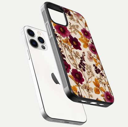 Autumn Wine Bloom Glass Case for iPhone 12 Pro floating mockup with premium floral gradient and protection edge