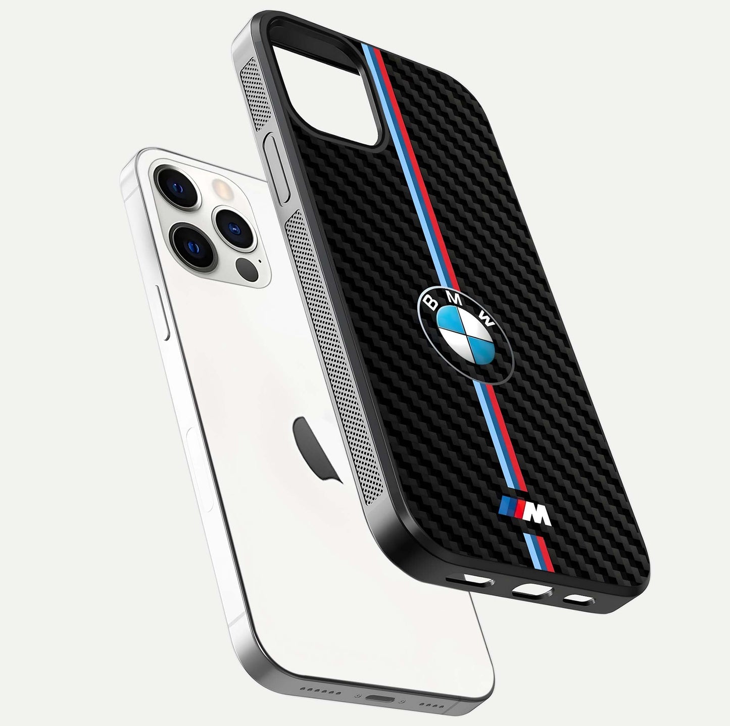 BMW Pattern Glass Case for iPhone 12 Pro floating mockup highlighting clean lines and metallic accent reflection