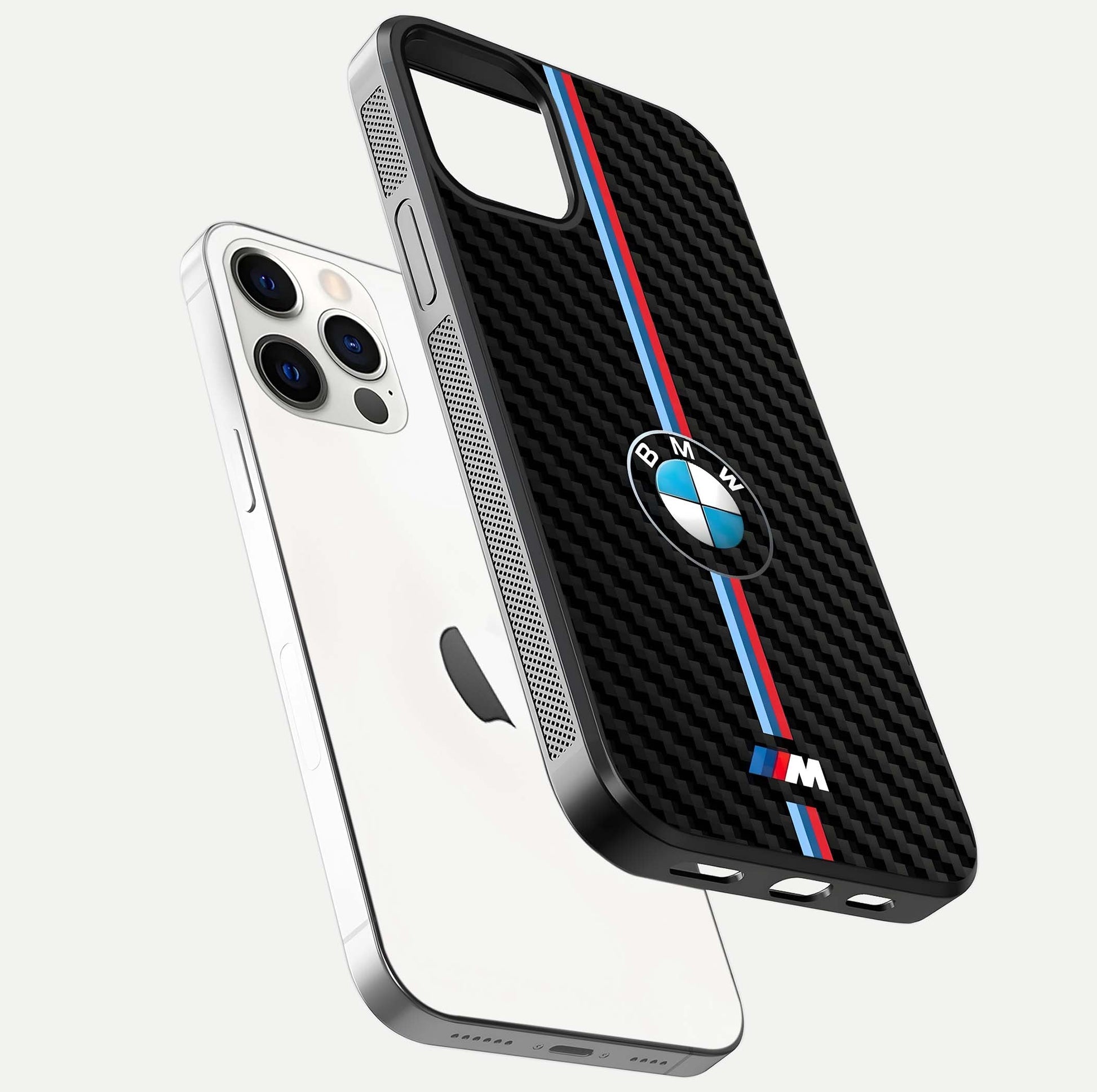 BMW Pattern Glass Case for iPhone 12 Pro floating mockup highlighting clean lines and metallic accent reflection