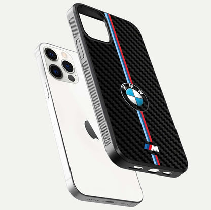 BMW Pattern Glass Case for iPhone 12 Pro floating mockup highlighting clean lines and metallic accent reflection
