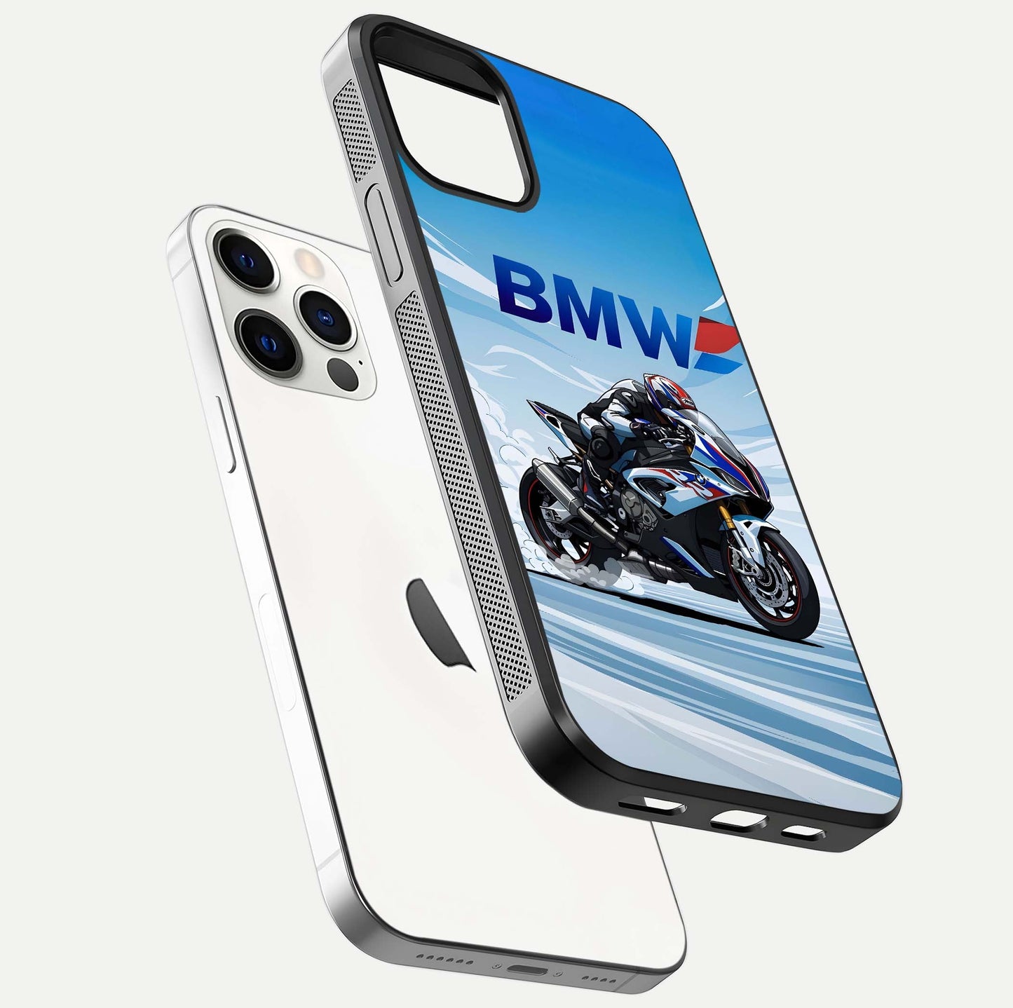 BMW Power Drift Glass Case for iPhone 12 Pro floating mockup displaying bold drift artwork and glossy polish
