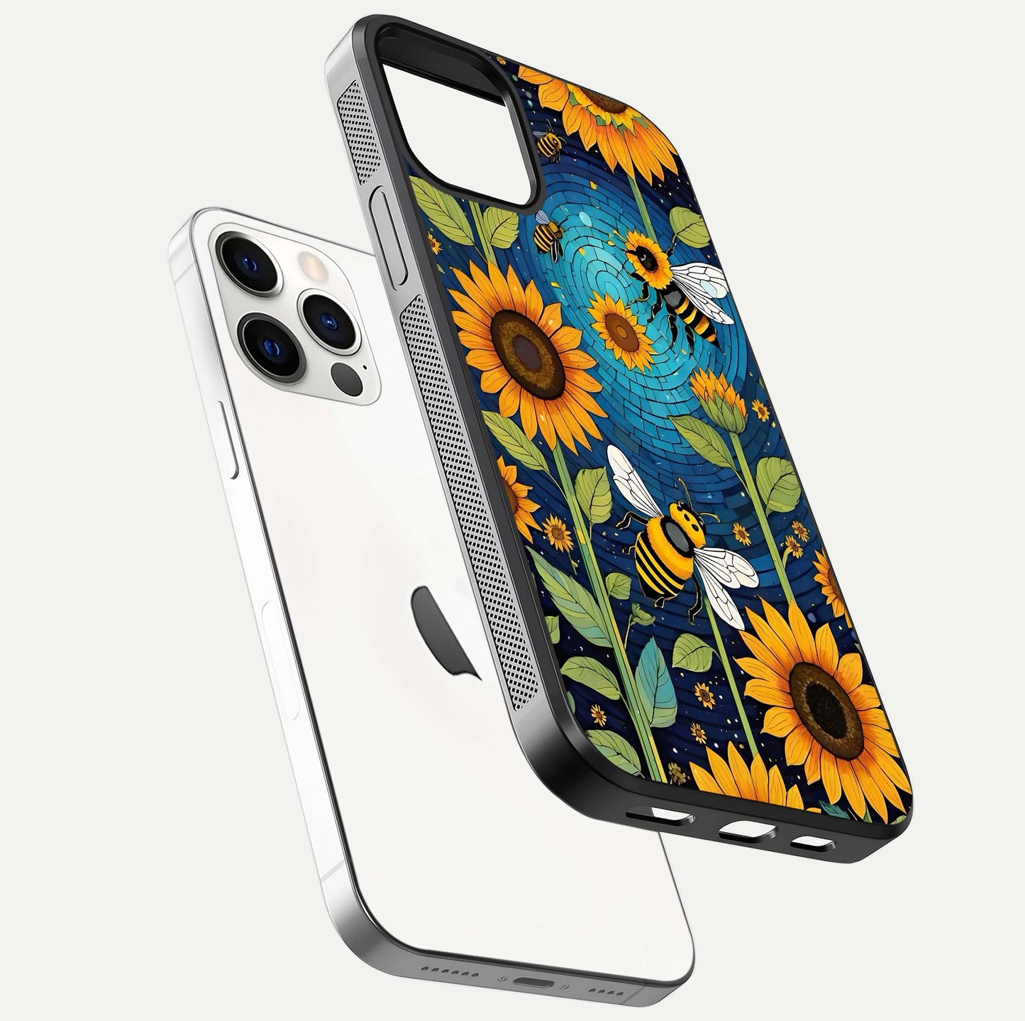 Bees & Sunflowers Glass Case for iPhone 12 Pro floating dual-view mockup displaying vibrant yellow tones and gloss texture