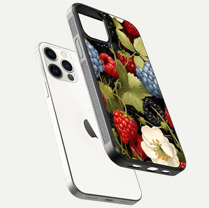 Berry Bloom Charm Glass Case for iPhone 12 Pro floating mockup capturing glossy reflection and curved-edge finish
