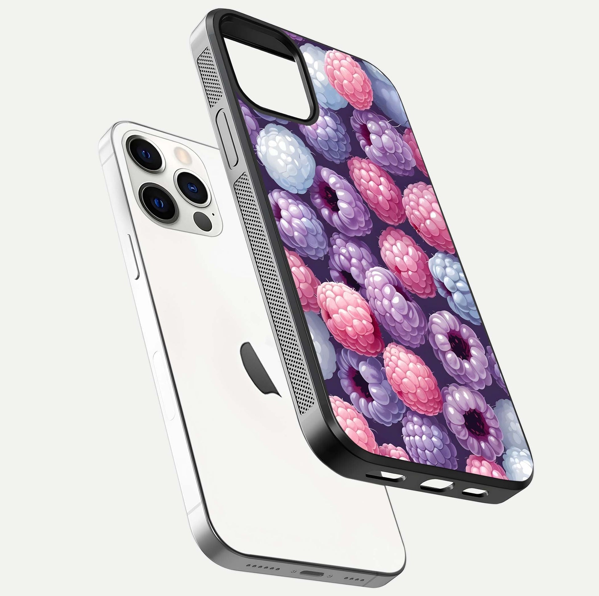 Berry Candy Pop Glass Case for iPhone 12 Pro floating dual-view mockup highlighting gloss shine and curved edges