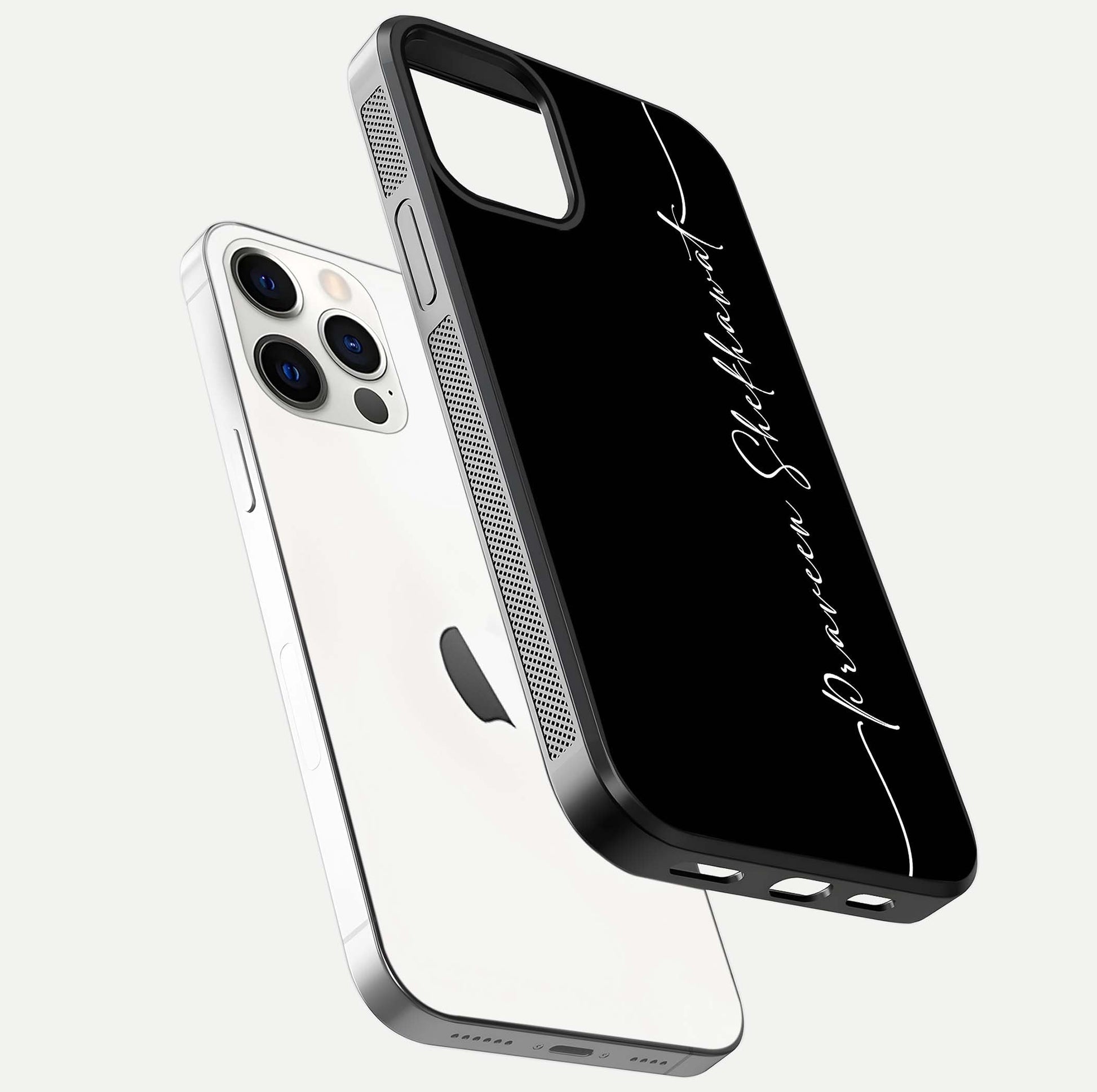 Black Tune Custom Name Glass Case for iPhone 12 Mini floating dual-view mockup emphasizing modern glossy texture