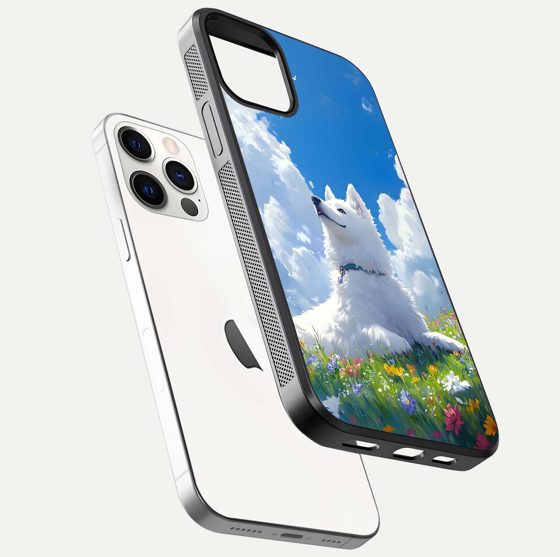 Blissful Cloud Pup Glass Case for iPhone 16 Pro floating mockup capturing playful aesthetic and gloss finish