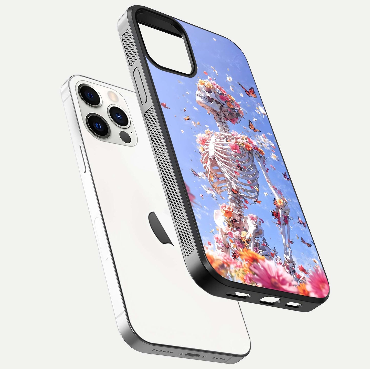 Bloom Beyond Bones Glass Case for iPhone 12 Pro floating mockup displaying shine, texture, and gloss detail