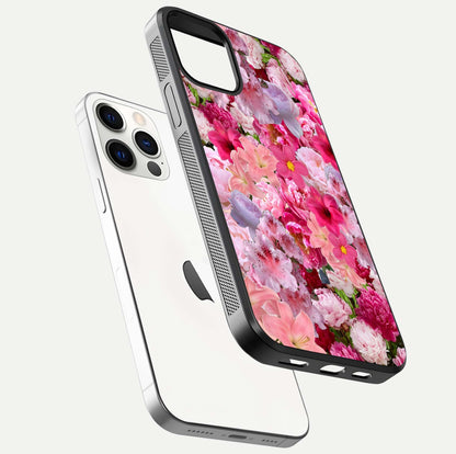 Bloom Crush Fantasy Glass Case for iPhone 12 Pro floating mockup showing floral pattern clarity and HD glass