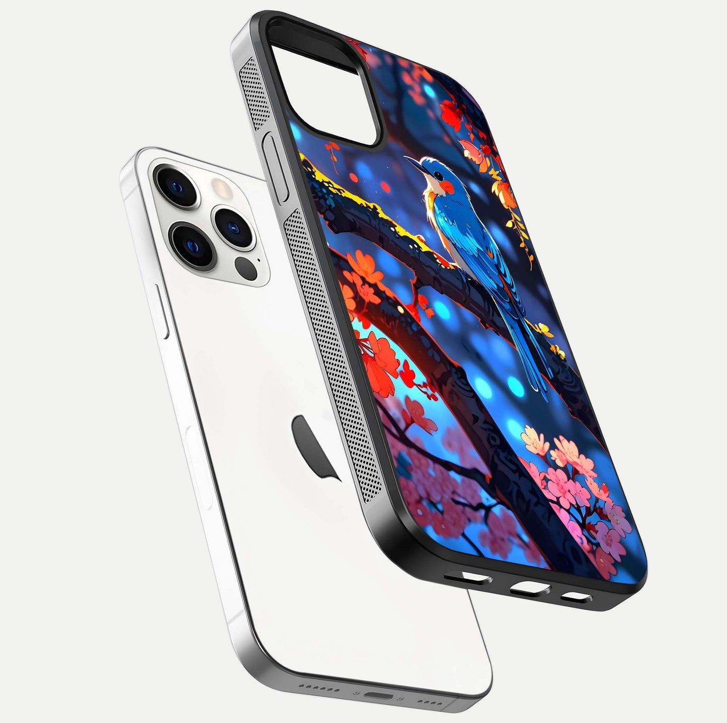 Blooming Spendor Bird Glass Case for iPhone 12 Pro floating dual-mockup capturing gloss tone and curved texture
