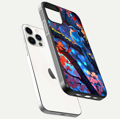 Blooming Spendor Bird Glass Case for iPhone 12 Pro floating dual-mockup capturing gloss tone and curved texture