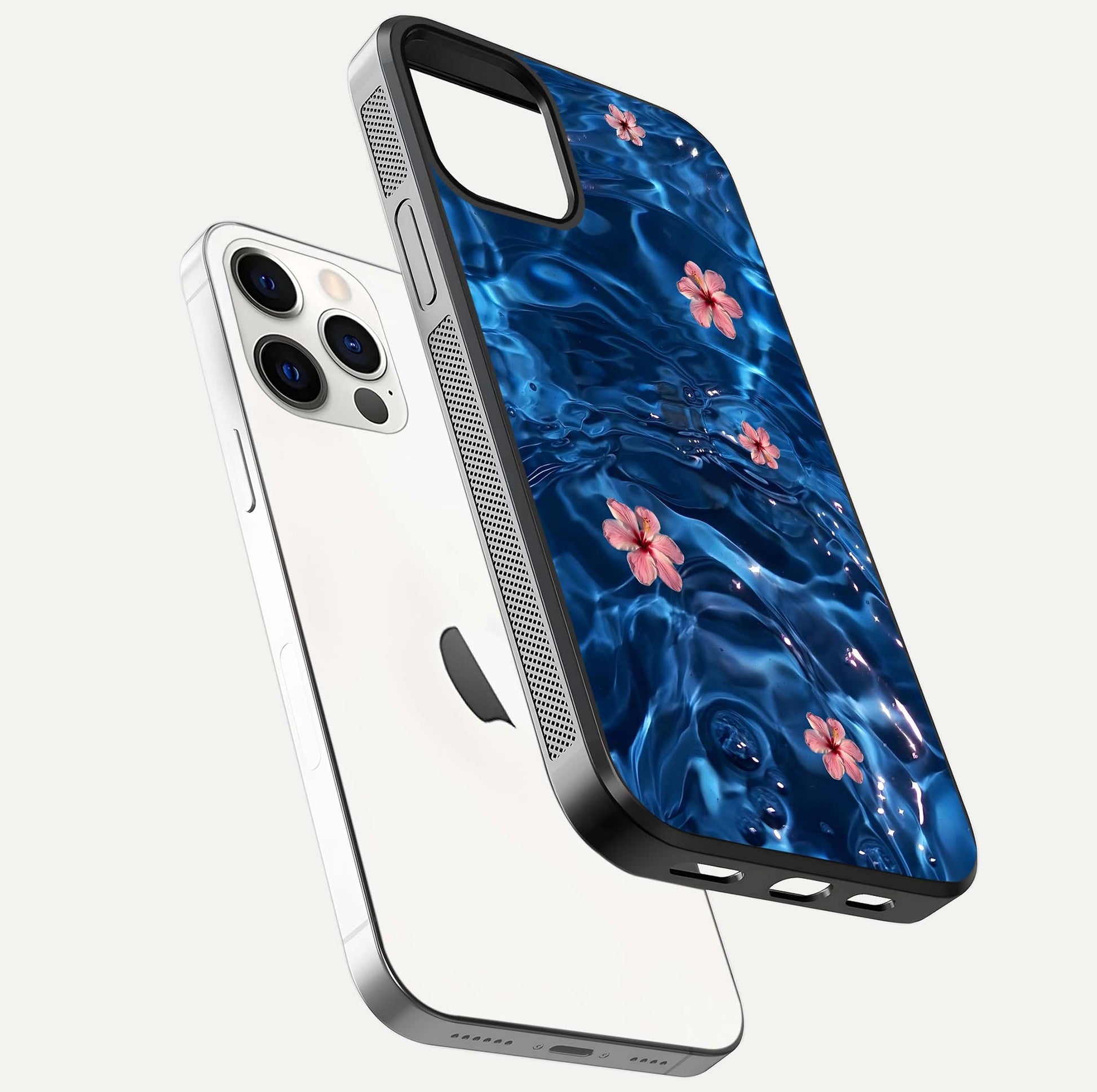 Blooming Water Drift Glass Case for iPhone 12 Pro floating dual-view mockup showing floral drift pattern and reflective surface
