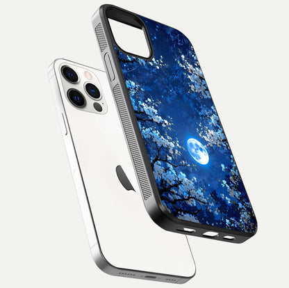 Blossom Moonlight Sky Glass Case for iPhone 12 Pro floating mockup showing glowing moon accent and HD gloss texture