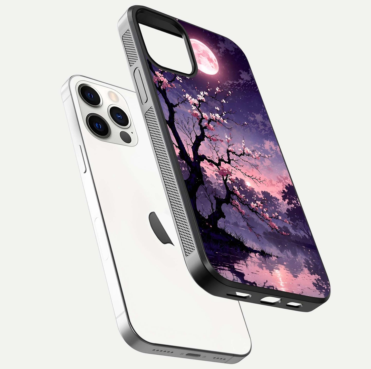 Blossom Pink Moon Glass Case for iPhone 12 Pro floating mockup emphasizing dreamy pink moon aura and smooth finish