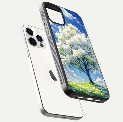Blossom Sky Serenity Glass Case for iPhone 12 Pro floating mockup capturing gloss surface and tranquil design