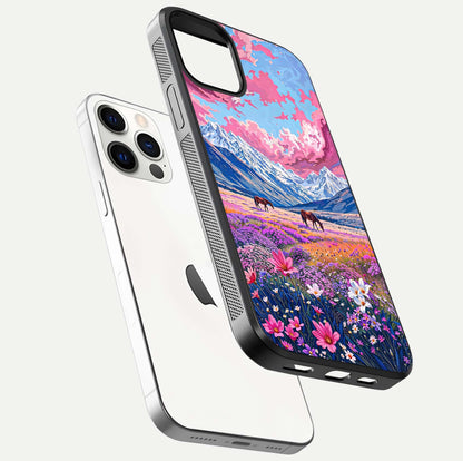 Blossom Valley Dream Glass Case for iPhone 12 Pro floating mockup showing floral valley blend and reflective surface