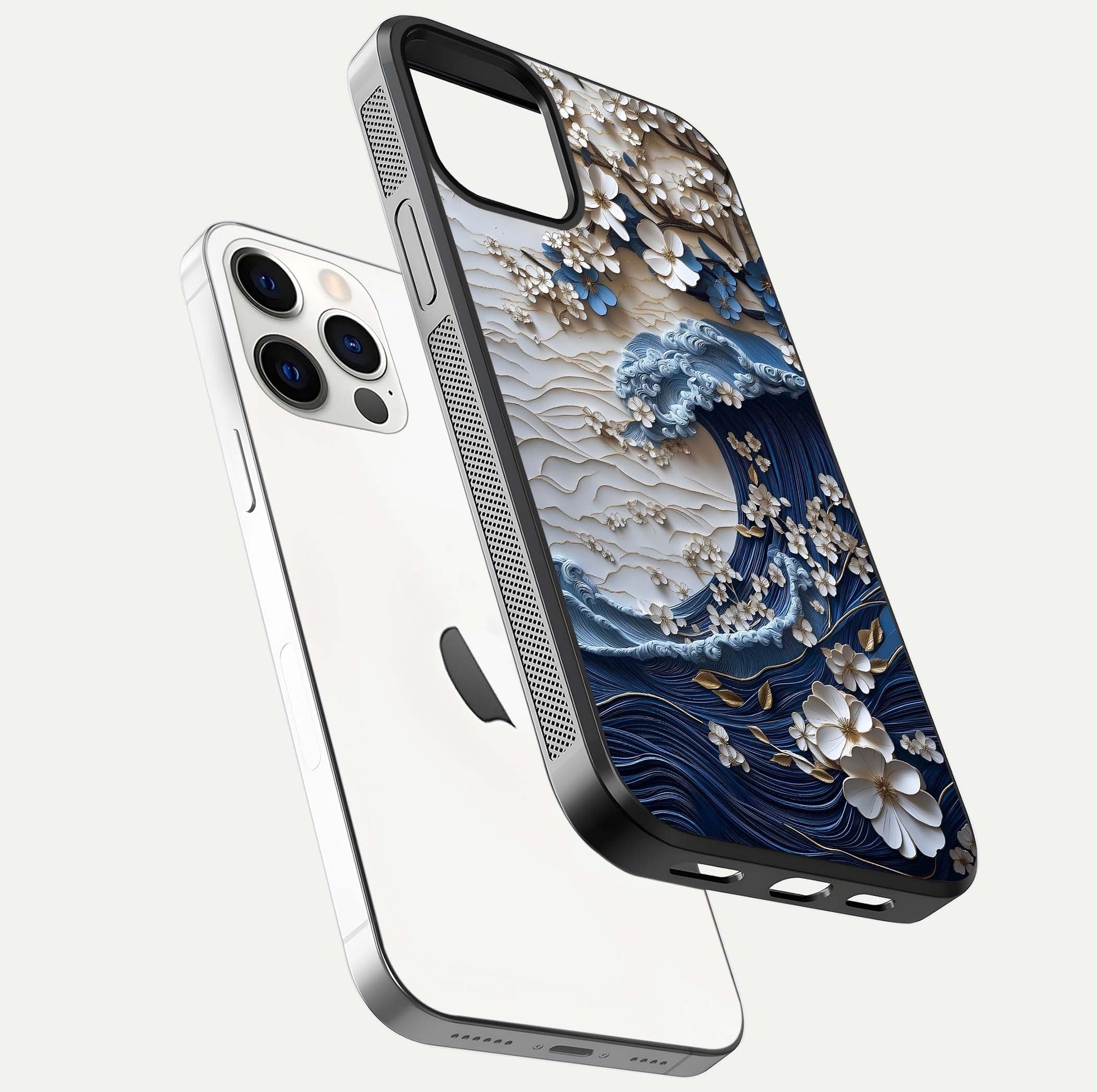 Blossom Wave Art Glass Case for iPhone 12 Pro floating mockup displaying pattern details and reflective shine