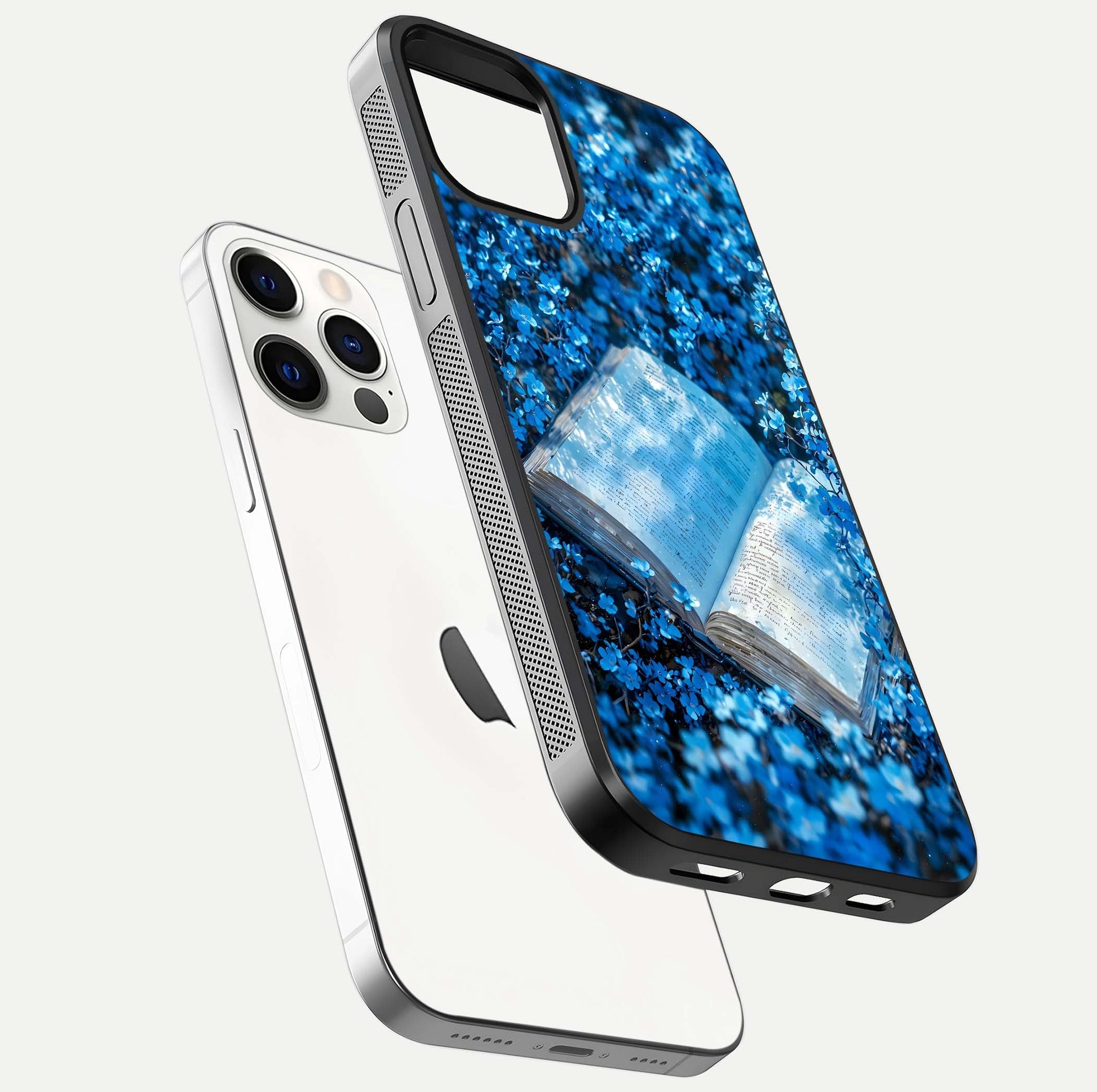 Blue Bloom Tales Glass Case for iPhone 12 Pro floating mockup showing detailed bloom and reflective surface