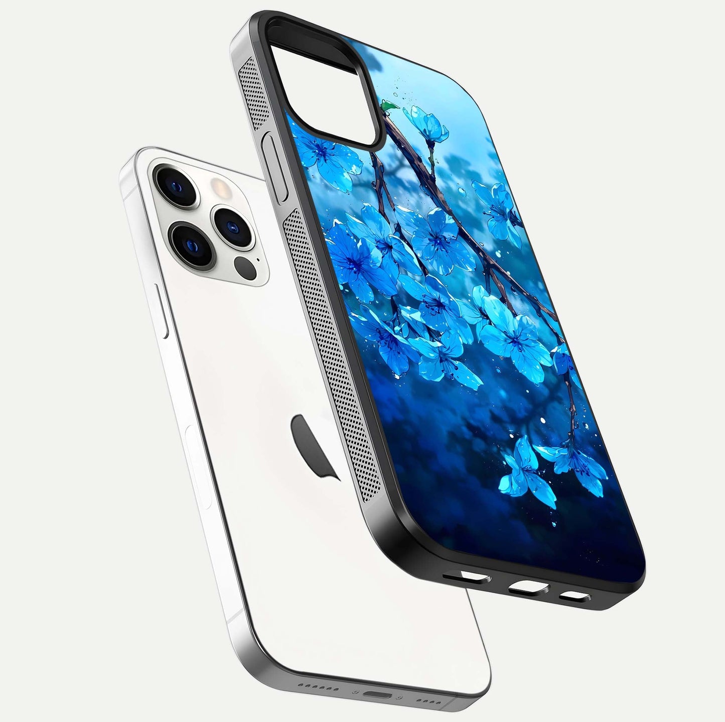 Blue Blossoms Branch Glass Case for iPhone 12 Pro floating mockup showing shine, curved edges, and branch detailing