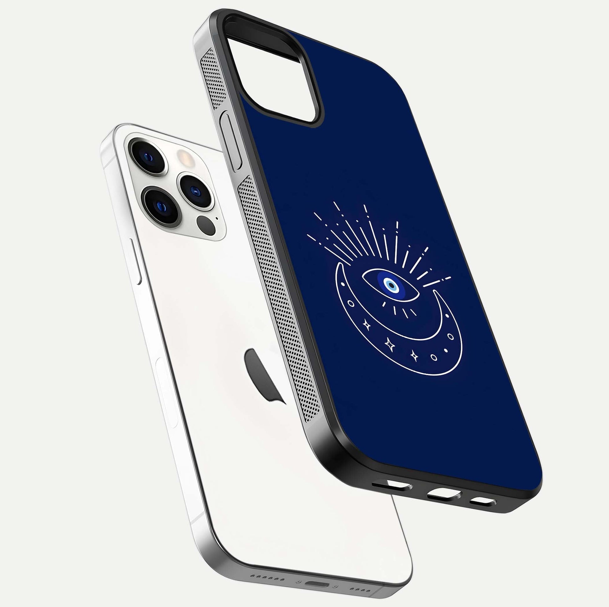 Blue Evil Eye Glass Case for iPhone 12 Pro floating mockup displaying glossy protection and spiritual artwork