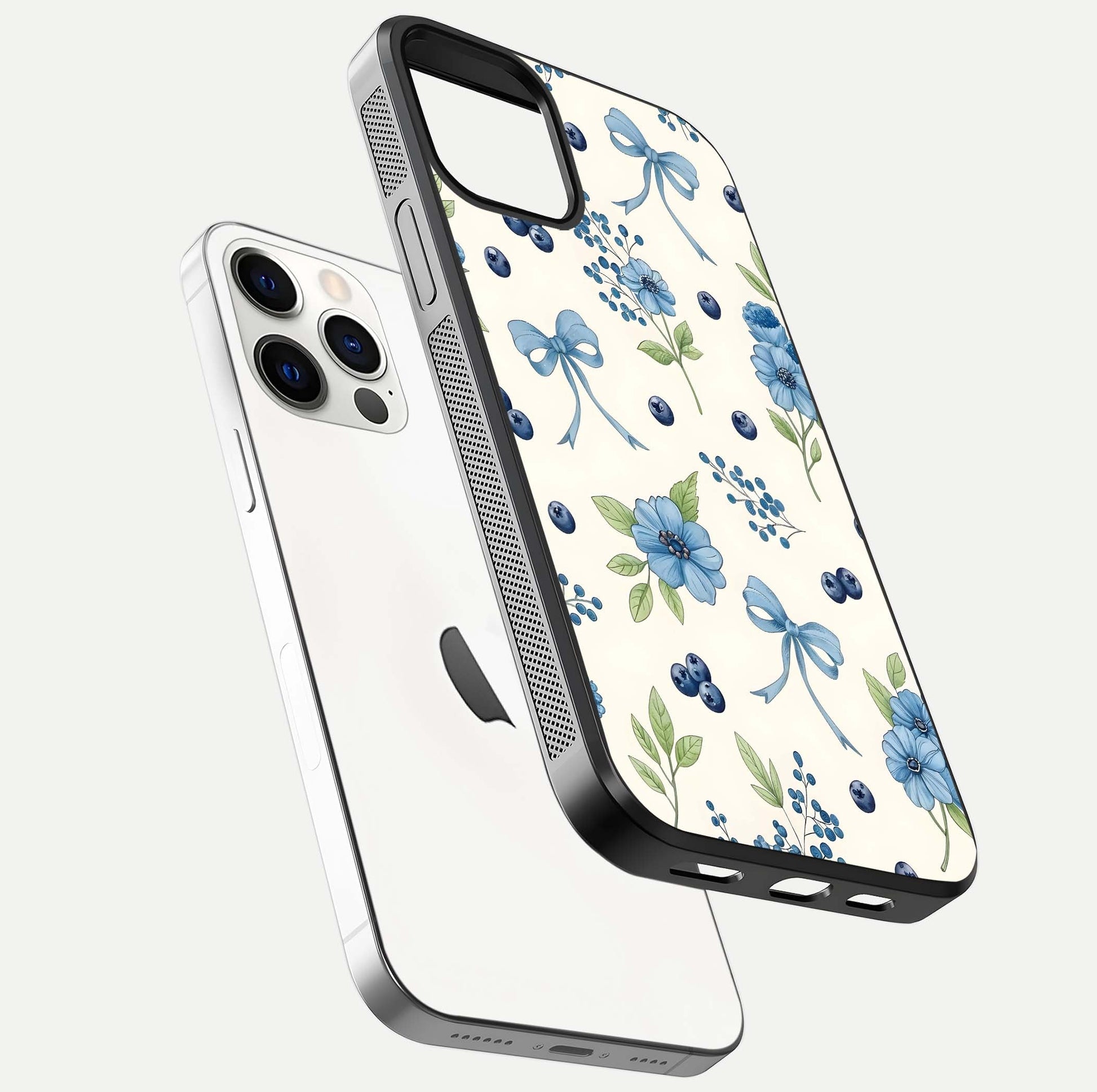 Blue Flower & Bow Glass Case for iPhone 12 Pro floating mockup capturing gloss reflection and girly aesthetic