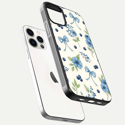 Blue Flower & Bow Glass Case for iPhone 12 Pro floating mockup capturing gloss reflection and girly aesthetic