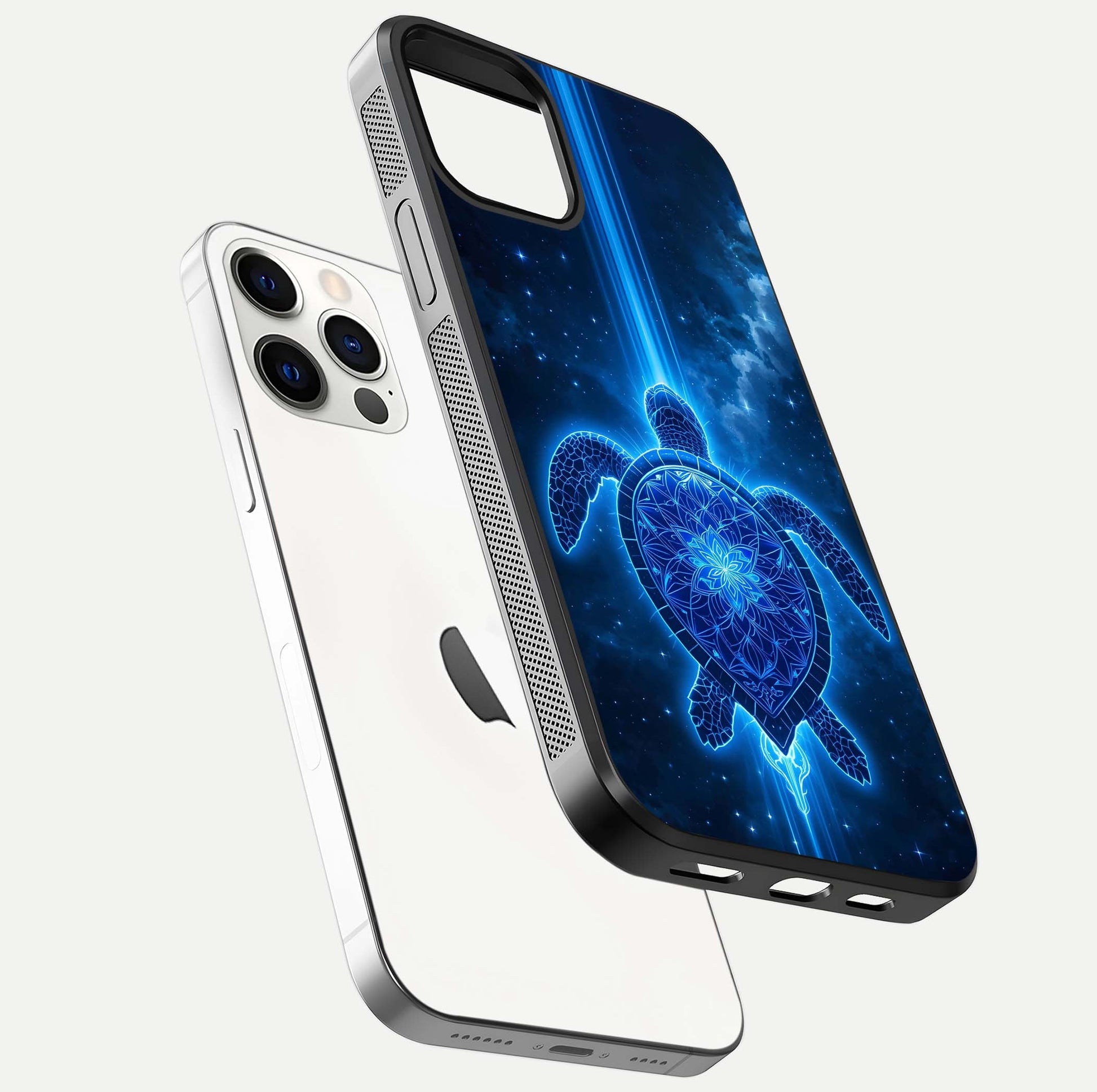 Blue Galaxy Turtle Glass Case for iPhone 12 Pro floating dual-mockup showing gloss depth and color transitions