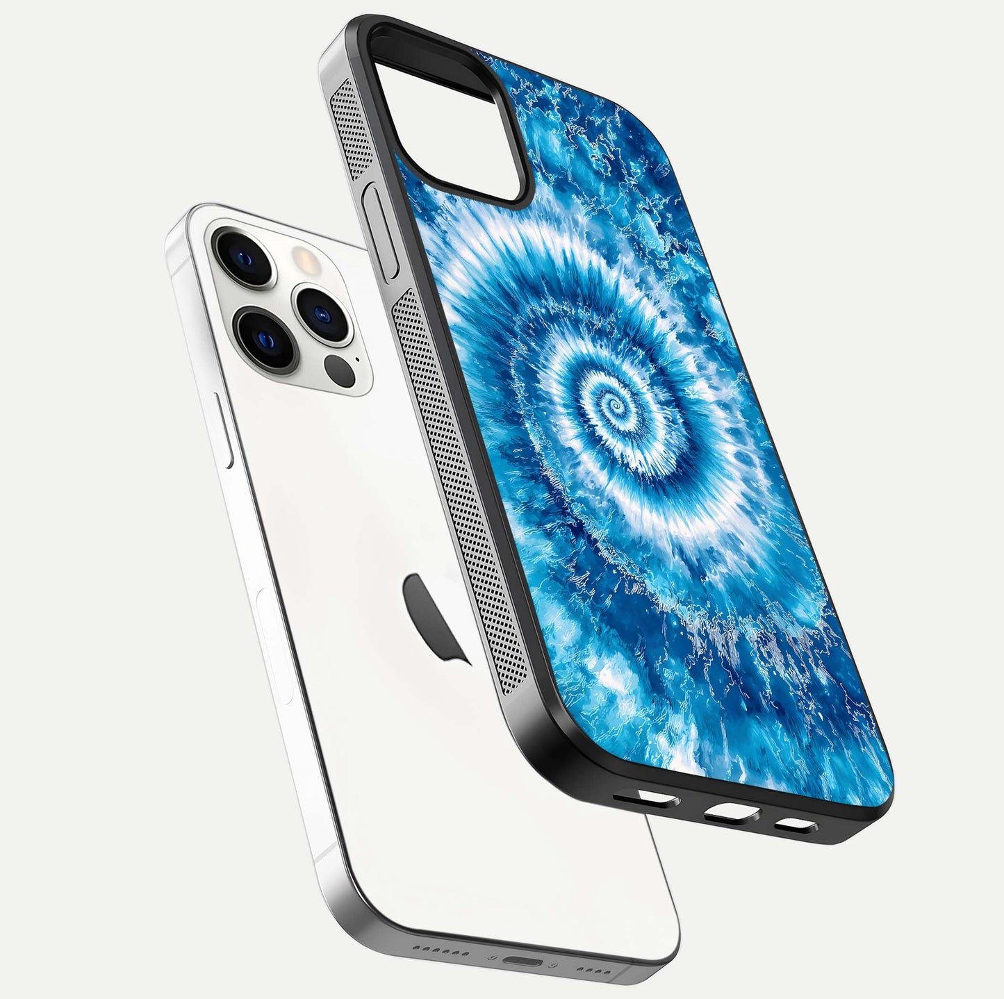 Blue Galaxy Wave Glass Case for iPhone 12 Pro floating mockup revealing cosmic depth and curved-edge texture