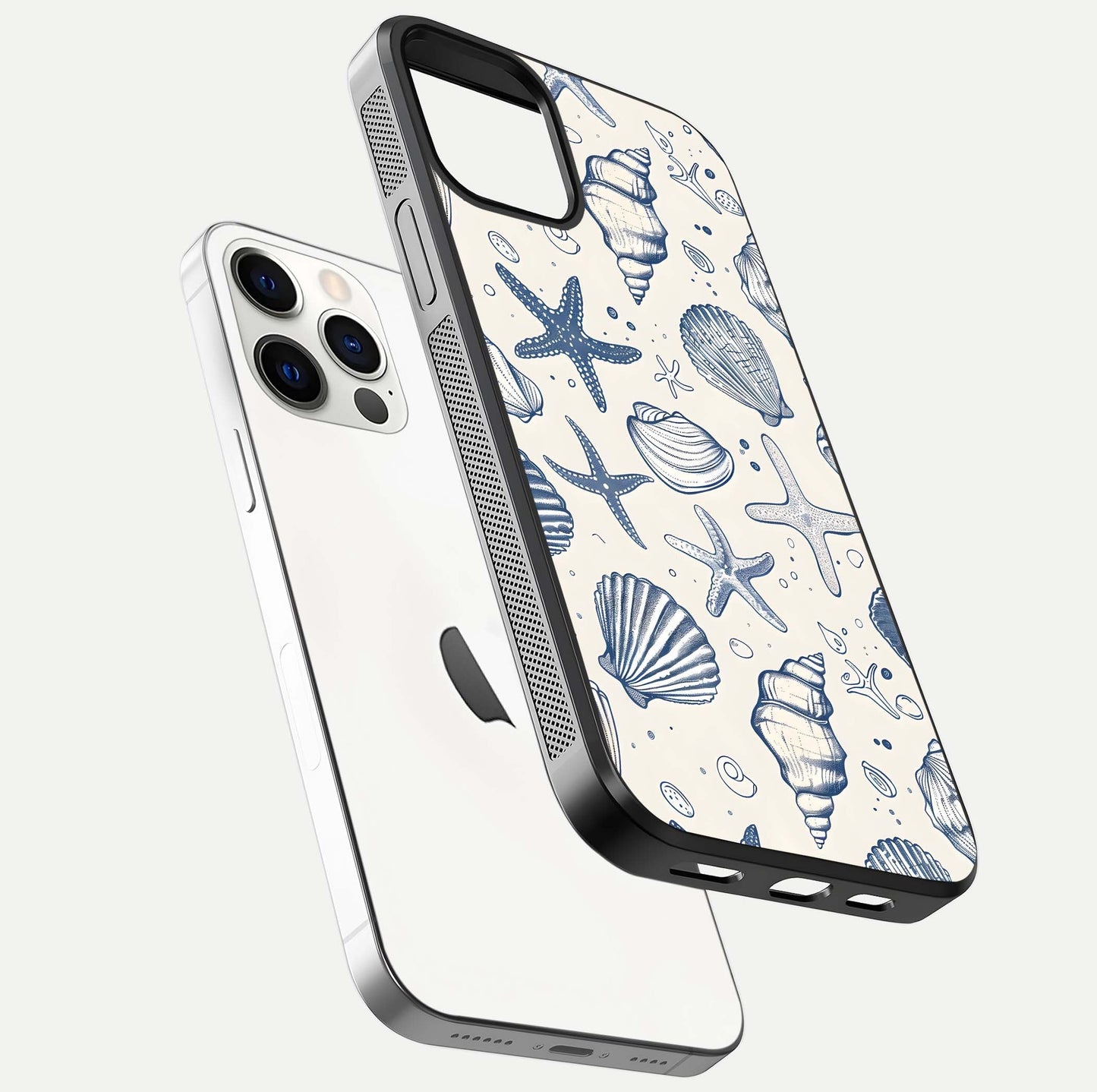Blue Ocean Outline Glass Case for iPhone 12 Pro floating mockup displaying marine-inspired aesthetic and smooth surface