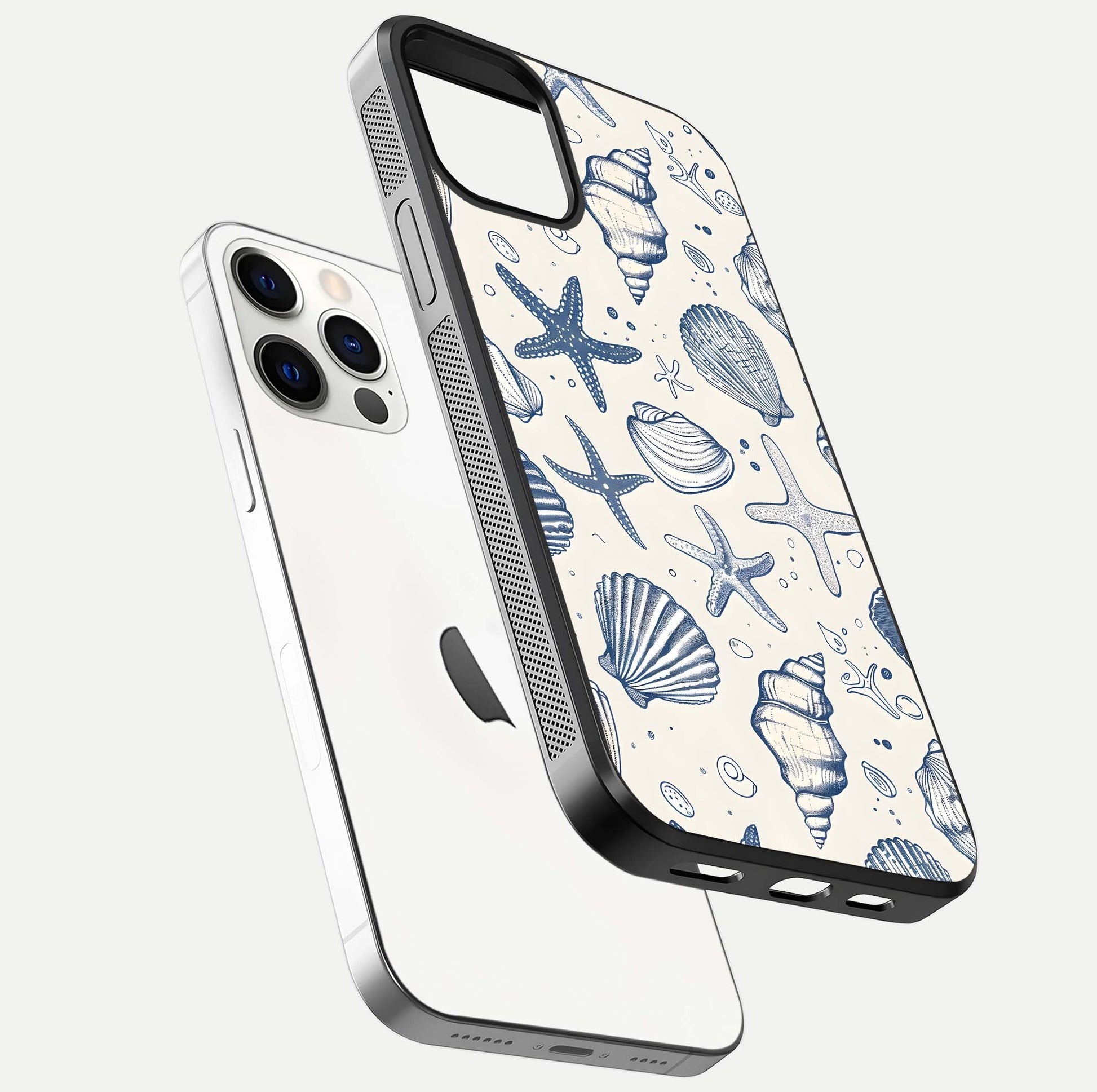 Blue Ocean Outline Glass Case for iPhone 12 Pro floating mockup displaying marine-inspired aesthetic and smooth surface