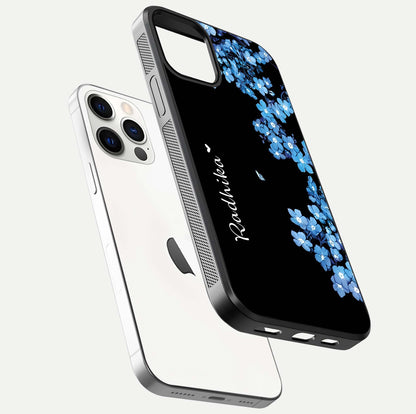 Blue Petal Dream Custom Name Glass Case for iPhone 12 Pro floating mockup capturing floral tones and glass shine