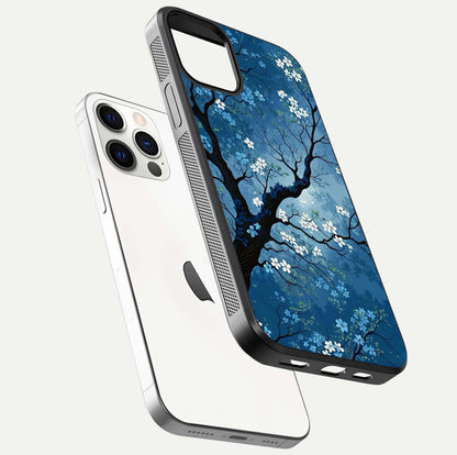 Blue Tree Serenity Glass Case for iPhone 12 Pro floating mockup displaying serene tones and HD glass polish