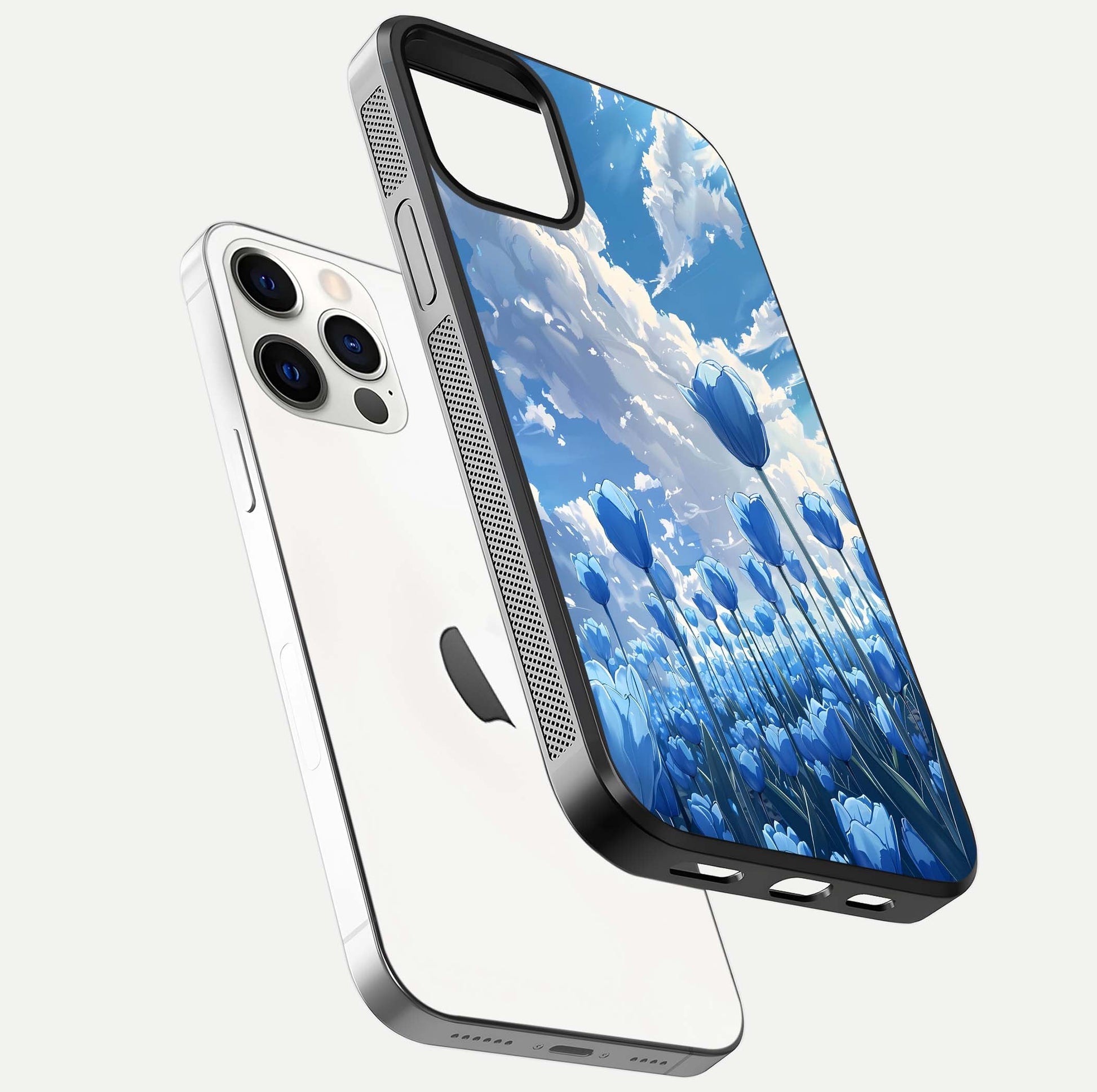 Blue Tulip Clouds Glass Case for iPhone 12 Pro floating mockup displaying tulip-cloud fusion art and smooth glass gloss