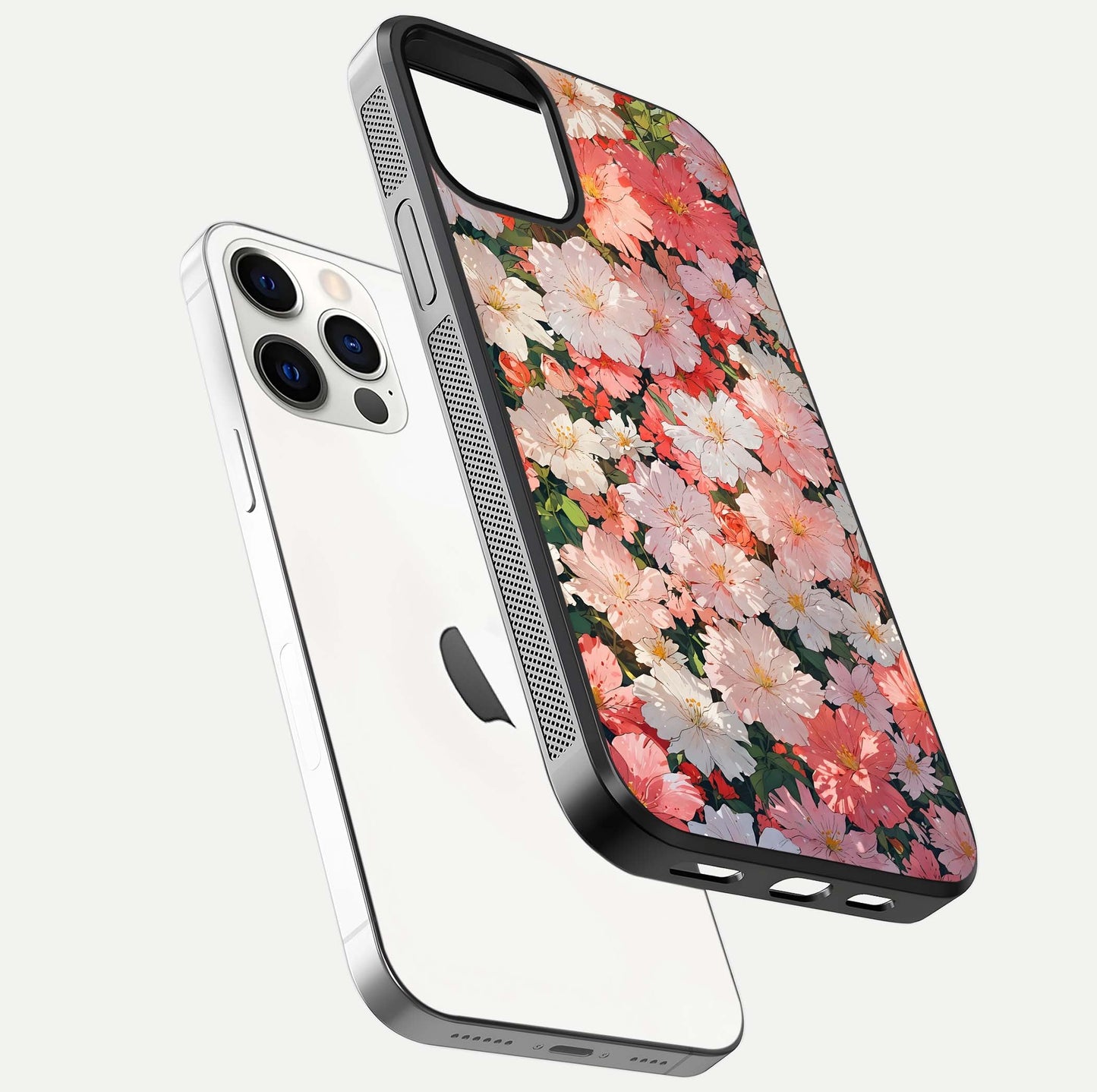 Blush Bloom Field Glass Case for iPhone 12 Pro floating mockup highlighting floral spread and edge reflection