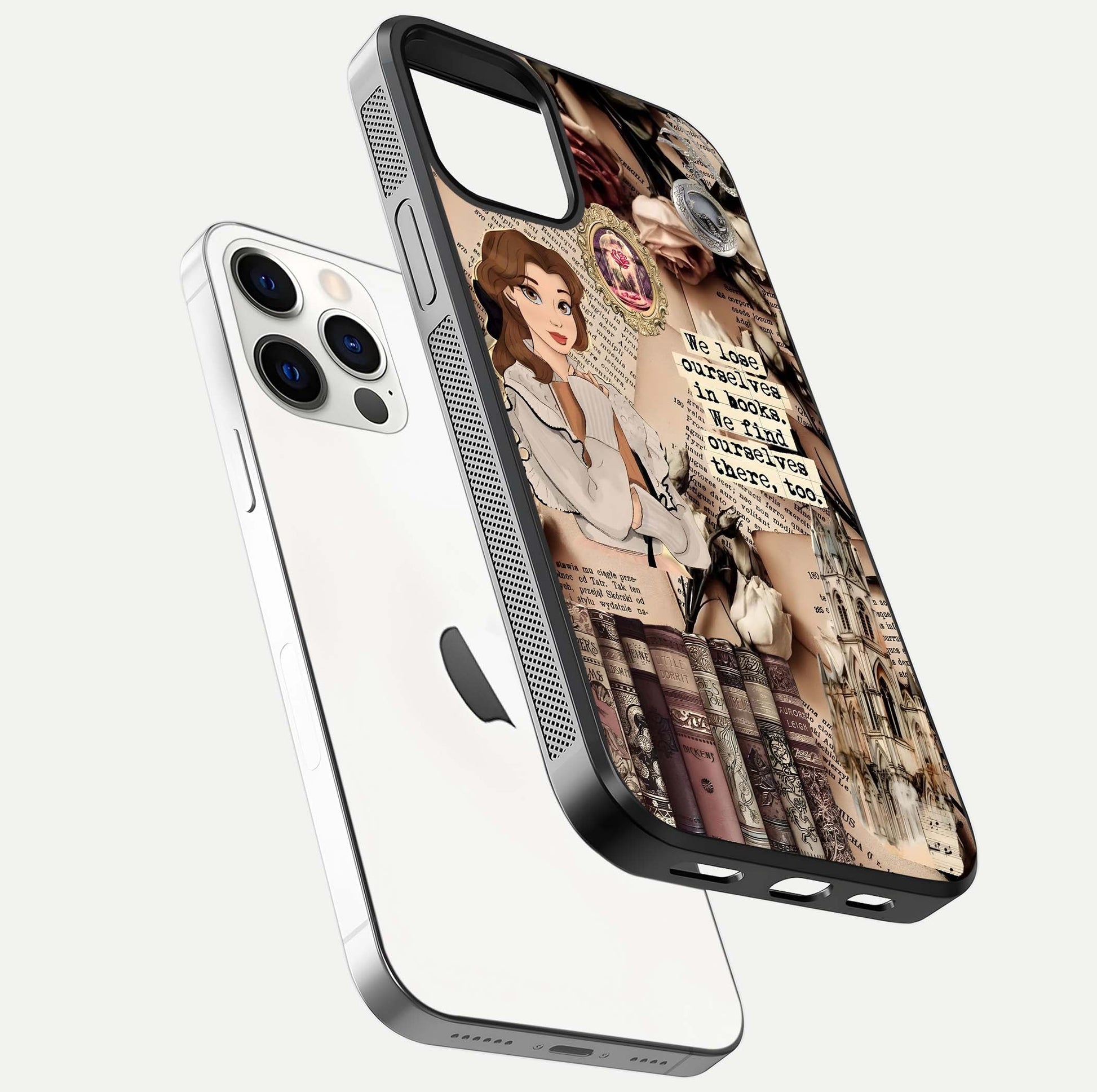 Bookish Dream World Glass Case for iPhone 12 Pro floating mockup capturing gloss shine and artistic balance